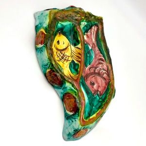 Italian Horn Shaped Cigar Ashtray Majolica Hand Painted Fish Retro MCM Italy 60s